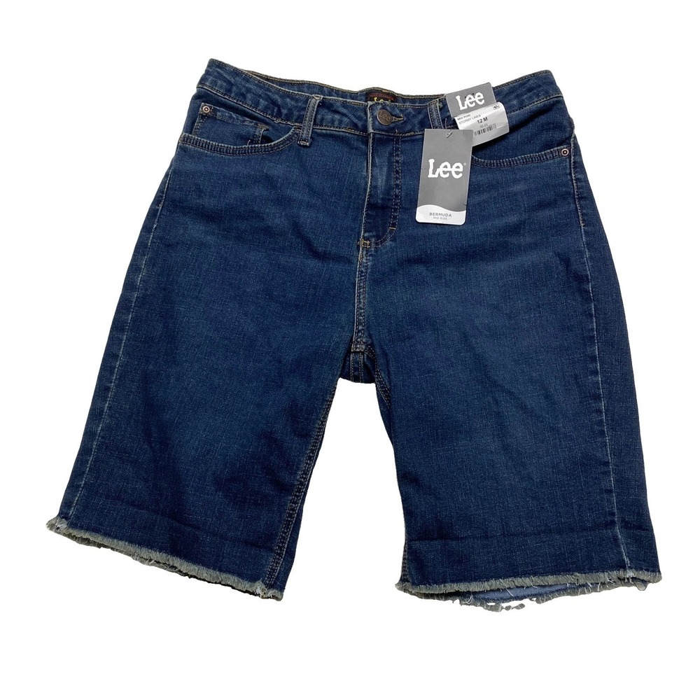 Lee Denim Bermuda Shorts Womens 12M Blue Mid Rise Stormy Lines Stretch Raw Hem